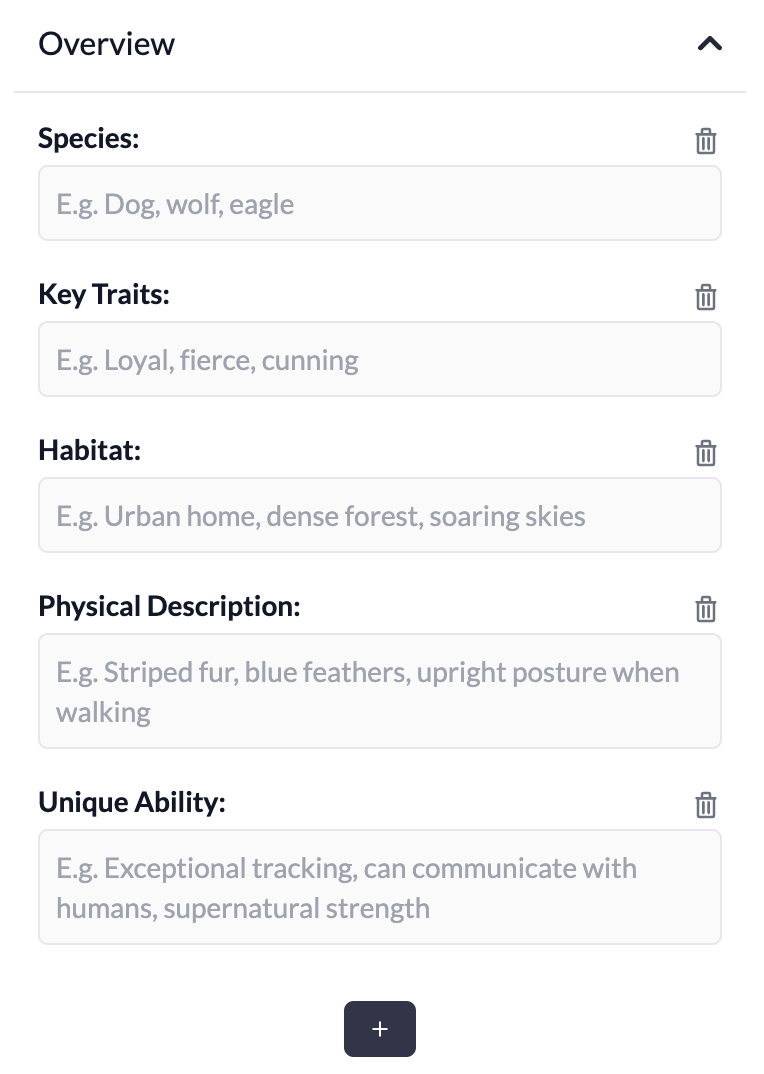 overview template fields for animal